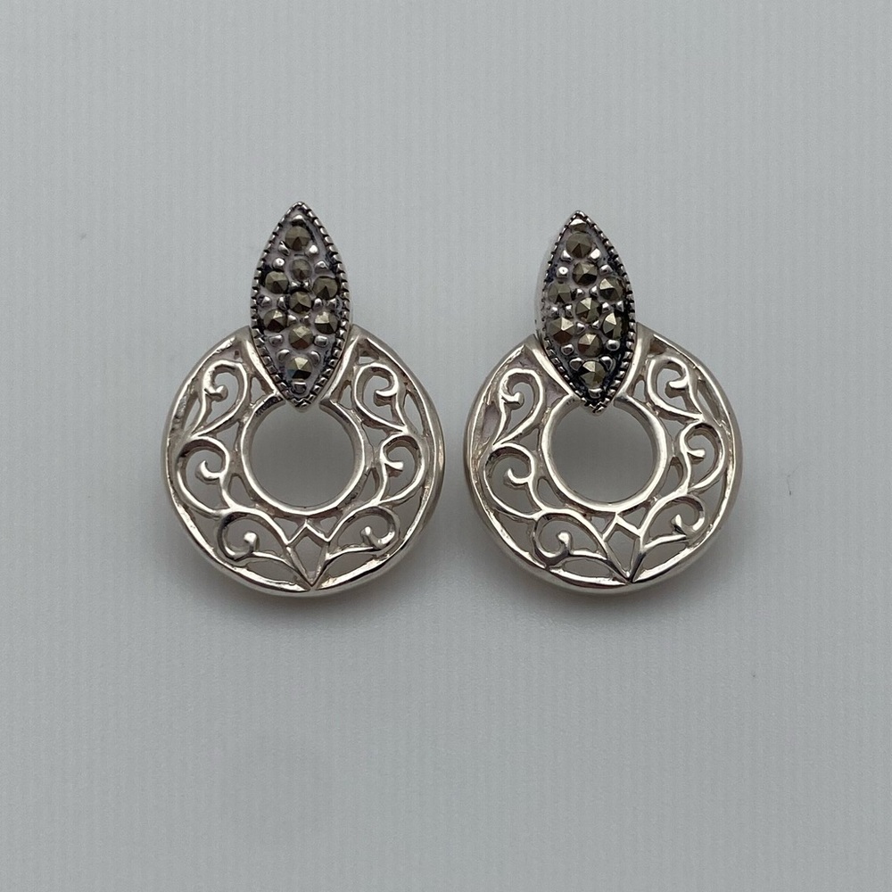 Sterling Silver 925 Marcasite Scroll Circle Earrings